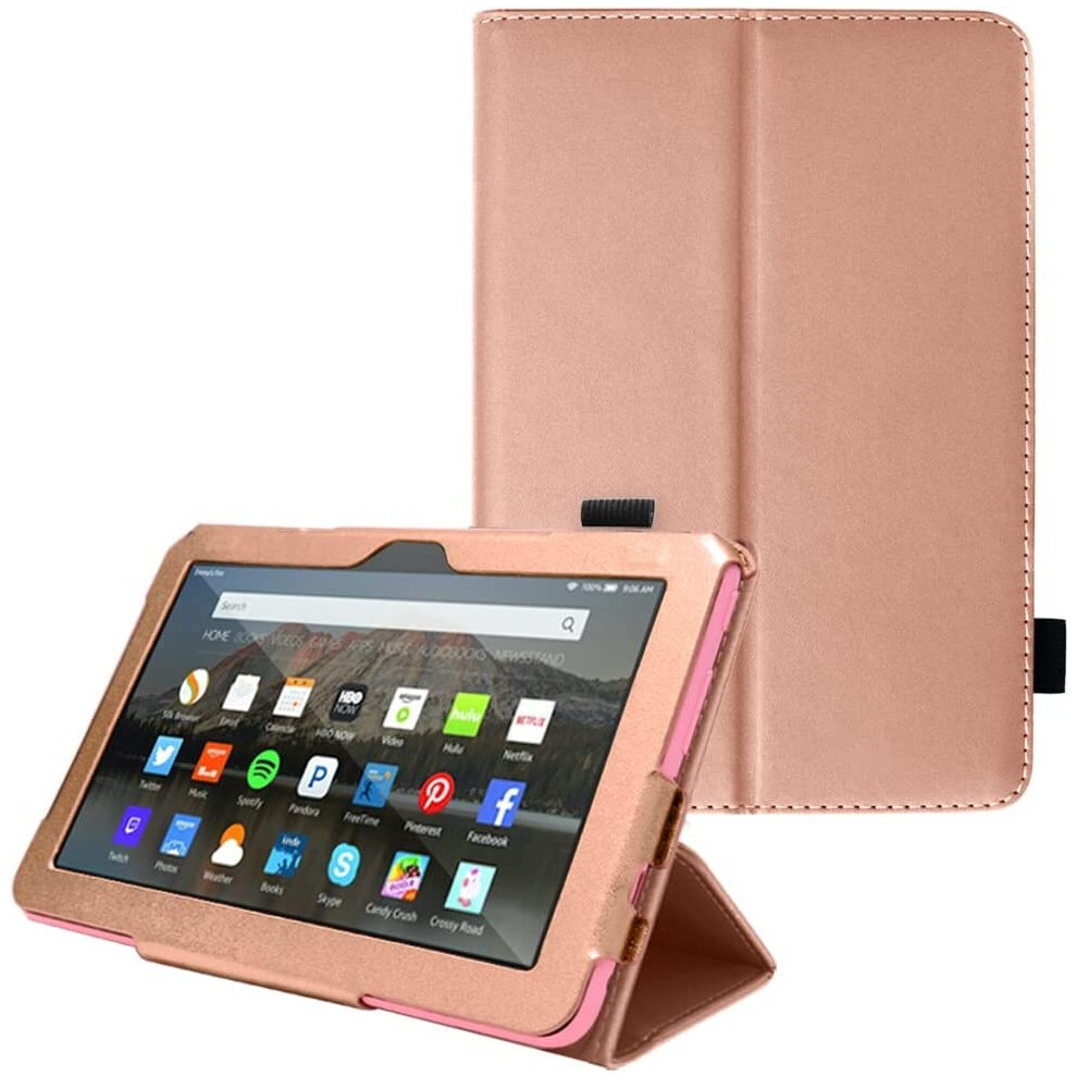 (Rose Gold) TECHGEAR Case Designed For New Amazon Fire 7" (12th Generation / 2022 Release) PU Leather Slim Folio Stand Case with Hand Strap with Auto