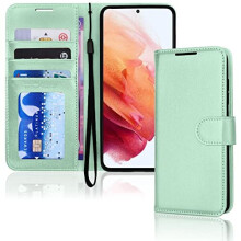 (Green) Samsung Galaxy S21 FE 5G Leather Wallet Case, Flip Protective Cover with Wallet Card Holder, Stand and Wrist Strap - PU Leather with Magnetic Closure
