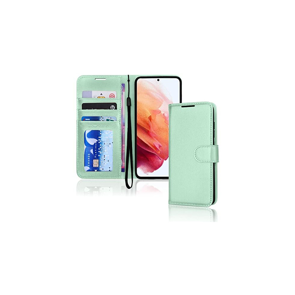 Techgear (Green) Samsung Galaxy S21 Fe 5G Leather Wallet Case, Flip Protective Cover With Wallet Card Holder, Stand And Wrist Strap - Pu Leather With Magnetic