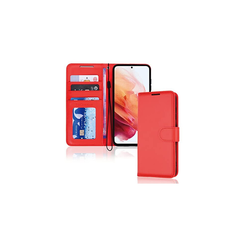 (Red) Samsung Galaxy S21 FE 5G Leather Wallet Case, Flip Protective Cover with Wallet Card Holder, Stand and Wrist Strap - PU Leather with Magnetic Cl