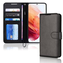 (Black) Samsung Galaxy S21 FE 5G Leather Wallet Case, Flip Protective Cover with Wallet Card Holder, Stand and Wrist Strap - PU Leather with Magnetic Closure