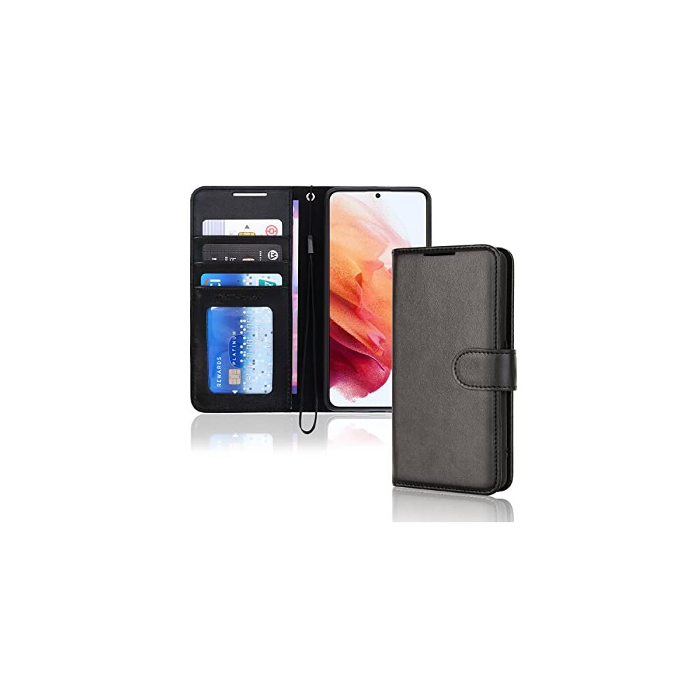 Techgear (Black) Samsung Galaxy S21 Fe 5G Leather Wallet Case, Flip Protective Cover With Wallet Card Holder, Stand And Wrist Strap - Pu Leather With Magnetic