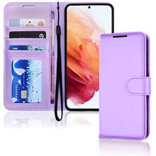 (Lavender) Samsung Galaxy S21 FE 5G Leather Wallet Case, Flip Protective Cover with Wallet Card Holder, Stand and Wrist Strap - PU Leather with Magnetic Closure