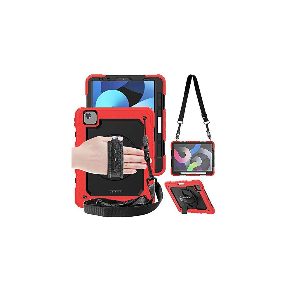 (RED) TECHGEAR UTILITY Case for iPad Air 5 2022, 5th Generation, Tough Rugged HEAVY DUTY Armour Shockproof Case with Rotating Stand, Hand and Shoulder