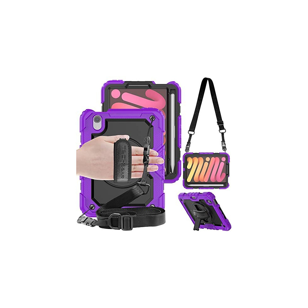 (PURPLE) TECHGEAR UTILITY Case fits iPad Mini 6 8.3" 2021, Tough Rugged HEAVY DUTY Armour Shockproof Case with 360 Rotating Stand, Hand and Shoulder S