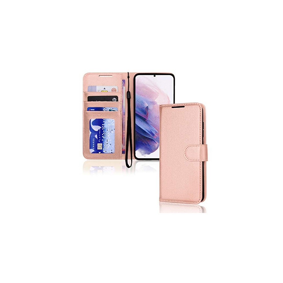 (Rose Gold) Samsung Galaxy S21 Plus Leather Wallet Case, Flip Protective Cover with Wallet Card Holder, Stand and Wrist Strap - PU Leather with Magnet