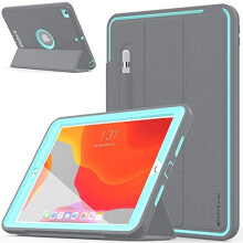 (GREY / AQUA) TECHGEAR D-FENCE For Apple iPad 10.2" 2021 / 2020 / 2019 9th, 8th, 7th Generation, Slim Tough Rugged Armour Smart Case + Stand, Schools Builders Case