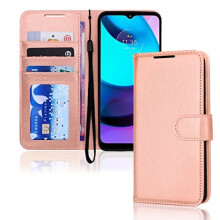 (Rose Gold) TECHGEAR Moto E20 / E30 Leather Wallet Case, Flip Protective Case Cover with Wallet Card Holder, Stand & Wrist Strap, PU Leather with Magnetic Clasp