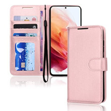 (Pink) Samsung Galaxy S23 Leather Wallet Case, Flip Protective Cover with Wallet Card Holder, Stand and Wrist Strap - PU Leather with Magnetic Closure