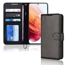 (Black) Samsung Galaxy S23 Leather Wallet Case, Flip Protective Cover with Wallet Card Holder, Stand and Wrist Strap - PU Leather with Magnetic Closure
