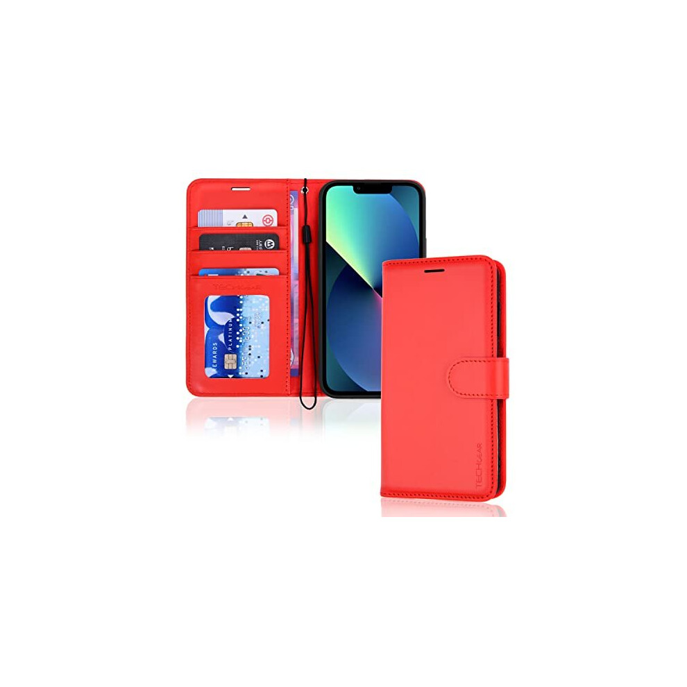 (Red) iPhone 14 Plus Leather Wallet Case, Flip Protective Case Cover with Wallet Card Holder, Stand and Wrist Strap - PU Leather with Magnetic Closure