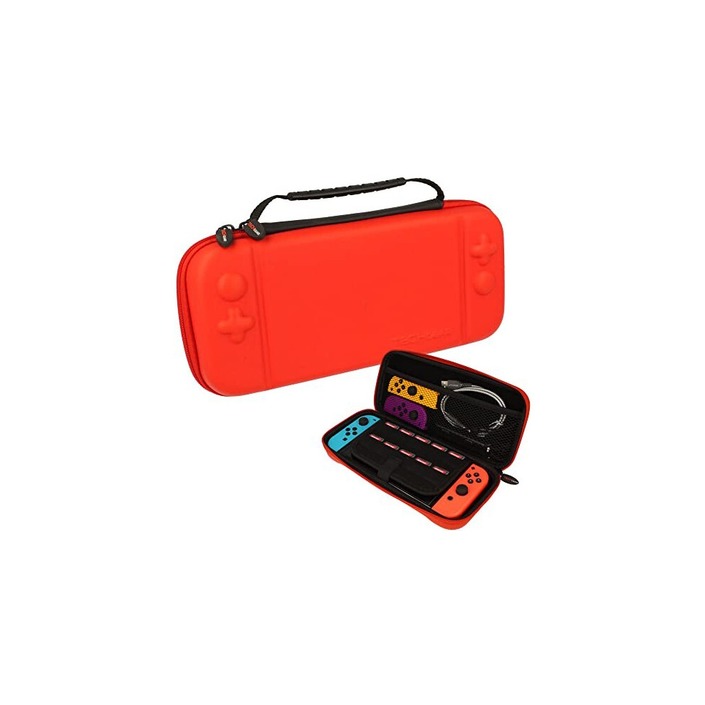 (All Red) Switch OLED Case, Hard Protective Carry Travel & Storage Case Cover for Nintendo Switch OLED + Joy-Con controllers + 10 Game Card Slots + Ac