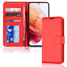 (Red) Samsung Galaxy S23 Leather Wallet Case, Flip Protective Cover with Wallet Card Holder, Stand and Wrist Strap - PU Leather with Magnetic Closure