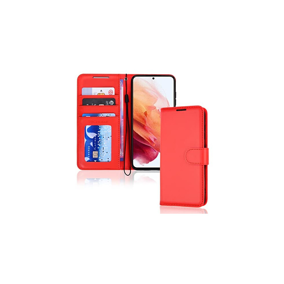 (Red) Samsung Galaxy S23 Leather Wallet Case, Flip Protective Cover with Wallet Card Holder, Stand and Wrist Strap - PU Leather with Magnetic Closure