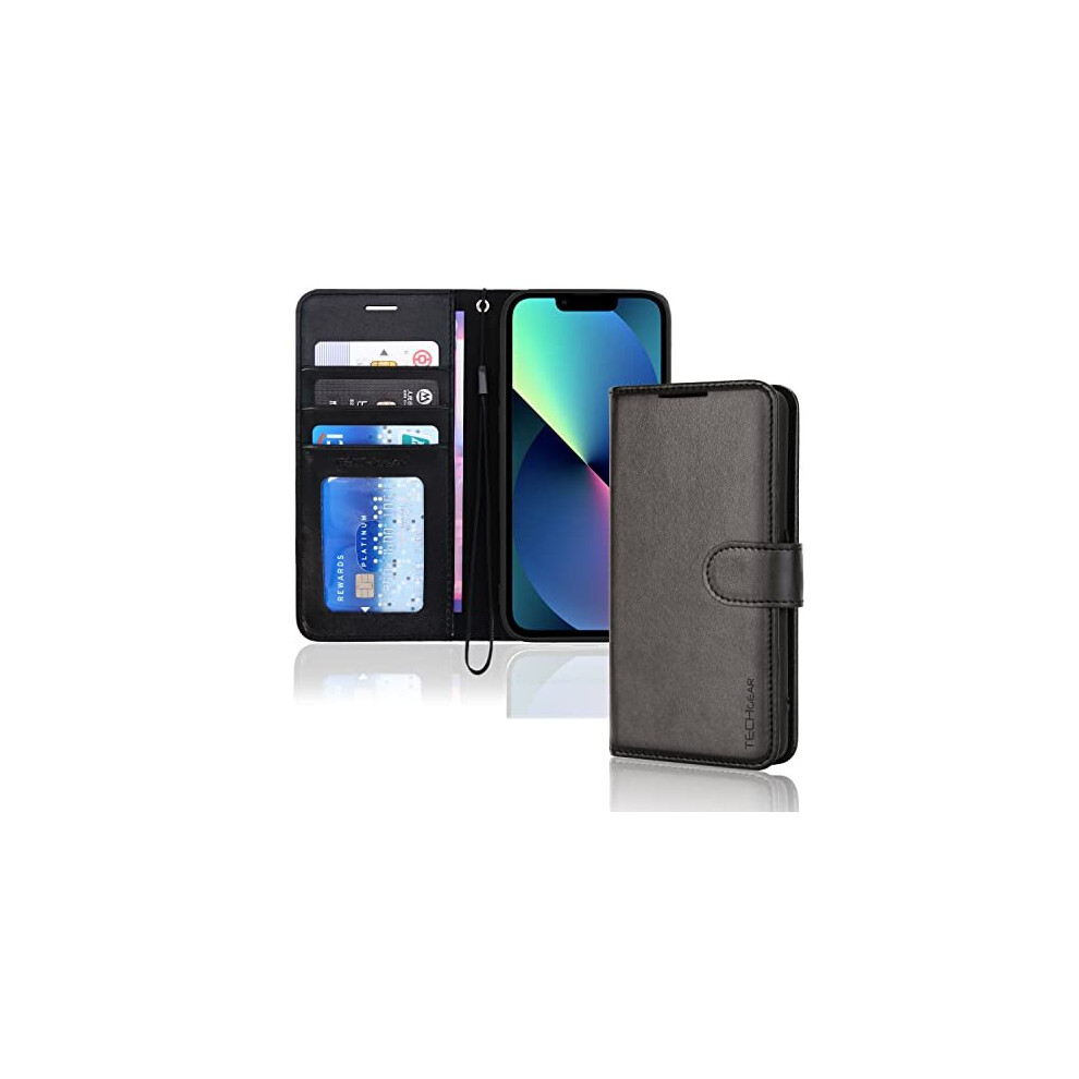 Techgear (Black) Iphone 14 Plus Leather Wallet Case, Flip Protective Case Cover With Wallet Card Holder, Stand And Wrist Strap - Pu Leather With Magnetic Closu