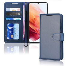 (Blue) Samsung Galaxy S23 Leather Wallet Case, Flip Protective Cover with Wallet Card Holder, Stand and Wrist Strap - PU Leather with Magnetic Closure