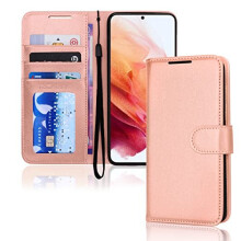 (Rose Gold) Samsung Galaxy S23 Leather Wallet Case, Flip Protective Cover with Wallet Card Holder, Stand and Wrist Strap - PU Leather with Magnetic Closure