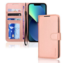 (Rose Gold) iPhone 14 Plus Leather Wallet Case, Flip Protective Case Cover with Wallet Card Holder, Stand and Wrist Strap - PU Leather with Magnetic Closure