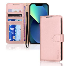 (Pink) iPhone 14 Plus Leather Wallet Case, Flip Protective Case Cover with Wallet Card Holder, Stand and Wrist Strap - PU Leather with Magnetic Closure