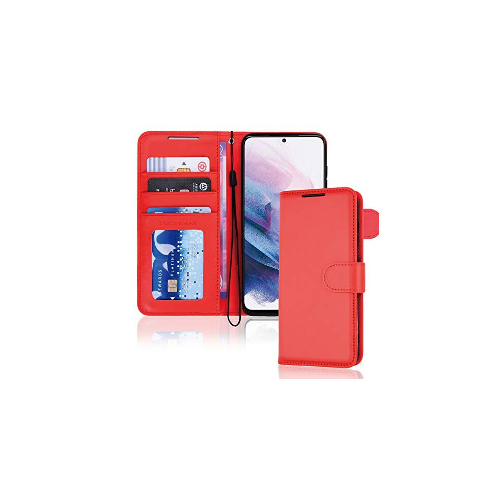 (Red) Samsung Galaxy S21 Plus Leather Wallet Case, Flip Protective Cover with Wallet Card Holder, Stand and Wrist Strap - PU Leather with Magnetic Clo