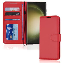 (Red) Samsung Galaxy S23 Ultra Leather Wallet Case, Flip Protective Cover with Wallet Card Holder, Stand and Wrist Strap - PU Leather with Magnetic Closure