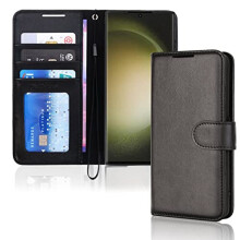 (Black) Samsung Galaxy S23 Ultra Leather Wallet Case, Flip Protective Cover with Wallet Card Holder, Stand and Wrist Strap - PU Leather with Magnetic Closure