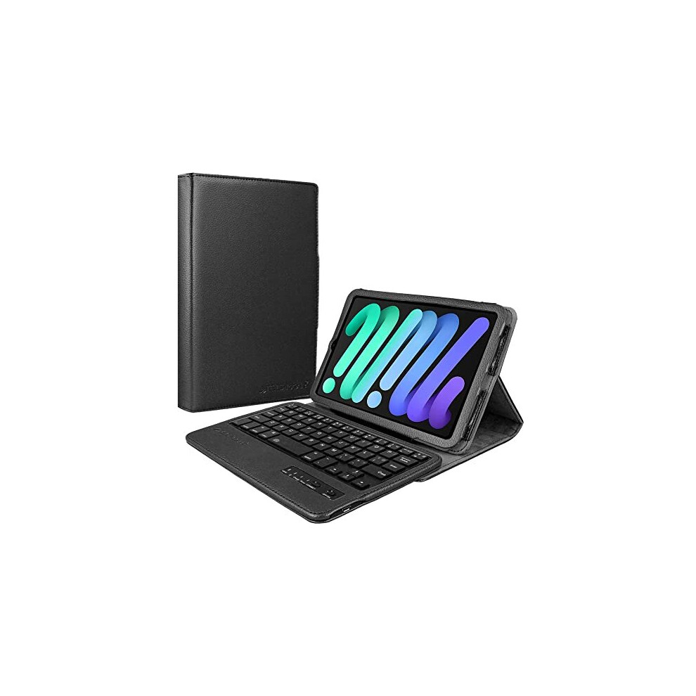 (BLACK) TECHGEAR Keyboard Case for iPad Mini 6, 6th Generation - PU Leather Case with Built in Detachable Bluetooth Wireless UK QWERTY Keyboard and St