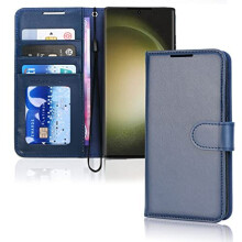(Blue) Samsung Galaxy S23 Ultra Leather Wallet Case, Flip Protective Cover with Wallet Card Holder, Stand and Wrist Strap - PU Leather with Magnetic Closure
