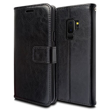 (BLACK) Samsung Galaxy S9 Plus Leather Wallet Case, Flip Protective Cover with Wallet Card Holder, Stand and Wrist Strap - PU Leather with Magnetic Closure