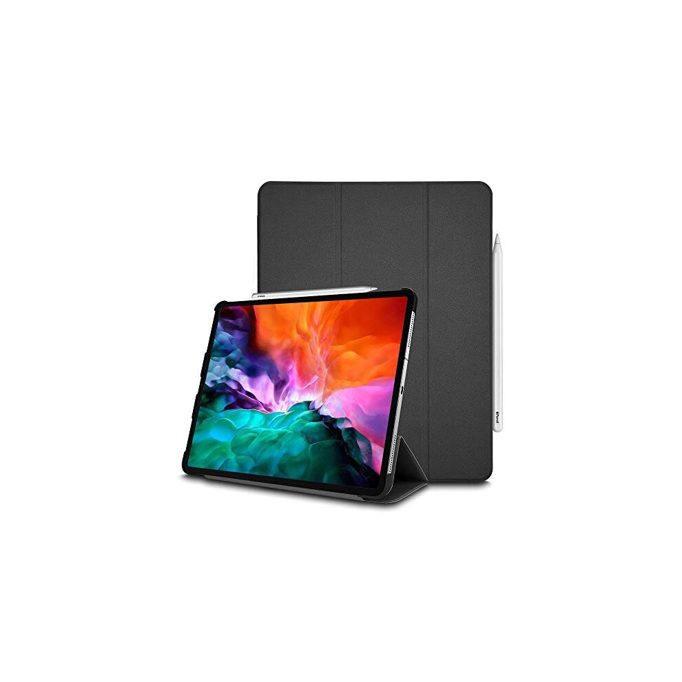Techgear (Black) Ipad Pro 12.9" 2020 Smart Case [Pencil Compatible] Slim Smart Case Tri-Fold Stand Cover With Corner Protection [Auto Wake / Sleep]