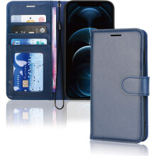 (Blue) TECHGEAR iPhone 12 Pro Max PU Leather Wallet Case, Flip Protective Case Cover with Wallet Card Holder, Stand and Wrist Strap with Magnetic Closure