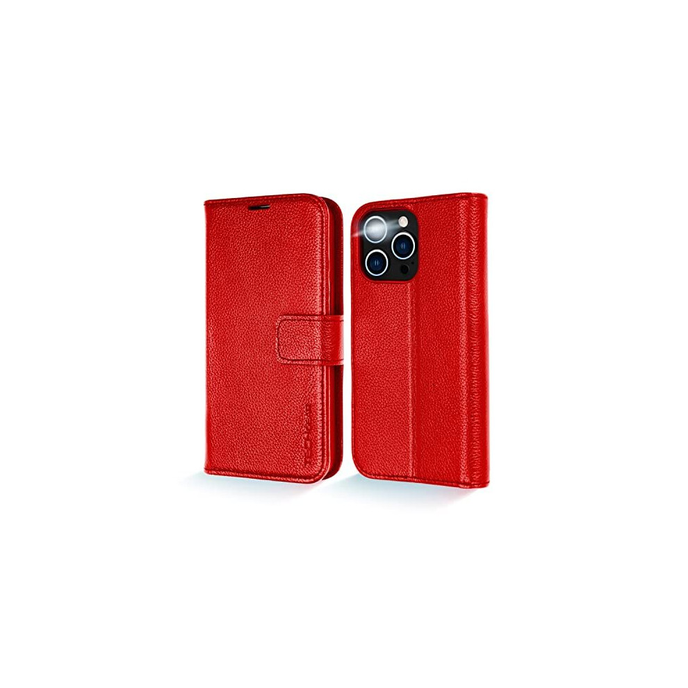 (Red) TECHGEAR Wallet Case for iPhone 14 Pro, Genuine Leather Magnetic Flip [RFID Blocking] Case with Shockproof TPU Holder, Card Slots, Stand Folio C