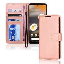 (Rose Gold) Pixel 6a Wallet Case, Flip Protective Cover with Card Holder, Stand and Wrist Strap - PU Leather with Magnetic Closure For Google Pixel 6a