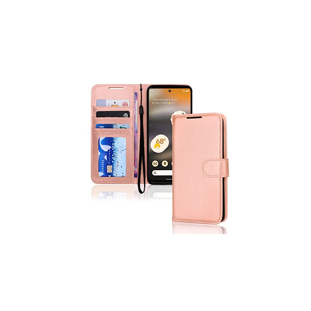 (Rose Gold) Pixel 6a Wallet Case, Flip Protective Cover with Card Holder, Stand and Wrist Strap - PU Leather with Magnetic Closure For Google Pixel 6a