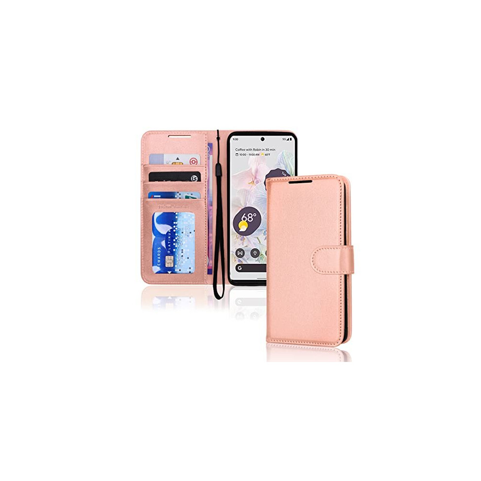 (Rose Gold) Pixel 6 Leather Wallet Case, Flip Protective Case with Wallet Card Holder, Stand and Wrist Strap - PU Leather with Magnetic Closure For Go