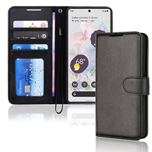 (Black) Pixel 6 Leather Wallet Case, Flip Protective Case with Wallet Card Holder, Stand and Wrist Strap - PU Leather with Magnetic Closure For Google Pixel 6