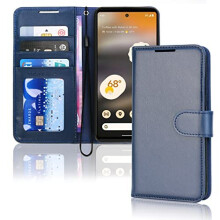 (Blue) Pixel 6a Wallet Case, Flip Protective Cover with Card Holder, Stand and Wrist Strap - PU Leather with Magnetic Closure For Google Pixel 6a