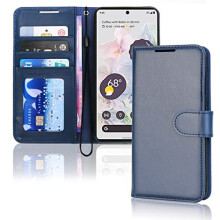 (Blue) Pixel 6 Leather Wallet Case, Flip Protective Case with Wallet Card Holder, Stand and Wrist Strap - PU Leather with Magnetic Closure For Google Pixel 6