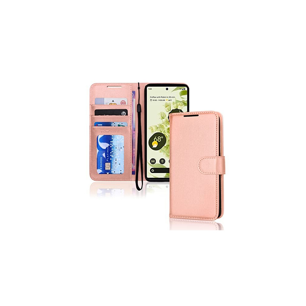 (Rose Gold) Pixel 6 Pro Wallet Case, Flip Protective Cover with Card Holder, Stand and Wrist Strap - PU Leather with Magnetic Closure For Google Pixel