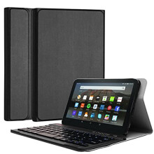 (Black) TECHGEAR Case for Amazon Fire HD 8" 12th Generation / 2022 - PU Leather Case with Detachable Bluetooth Wireless UK QWERTY Keyboard and Stand