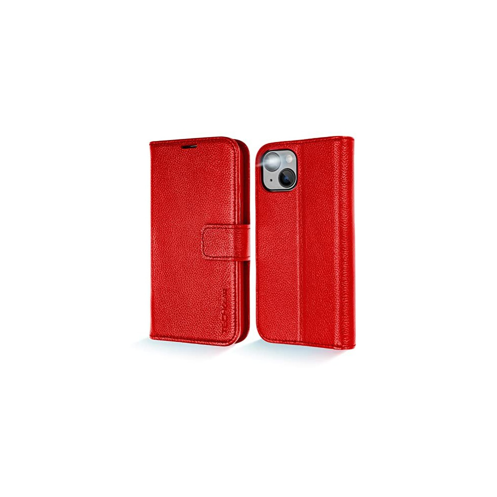 (Red) TECHGEAR Wallet Case for iPhone 14 Plus, Genuine Leather Magnetic Flip [RFID Blocking] Case with Shockproof TPU Holder, Card Slots, Stand Folio