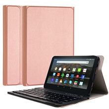 (PINK) TECHGEAR Case for Amazon Fire 7" 12th Generation / 2022 - PU Leather Case with Detachable Bluetooth Wireless UK QWERTY Keyboard and Stand