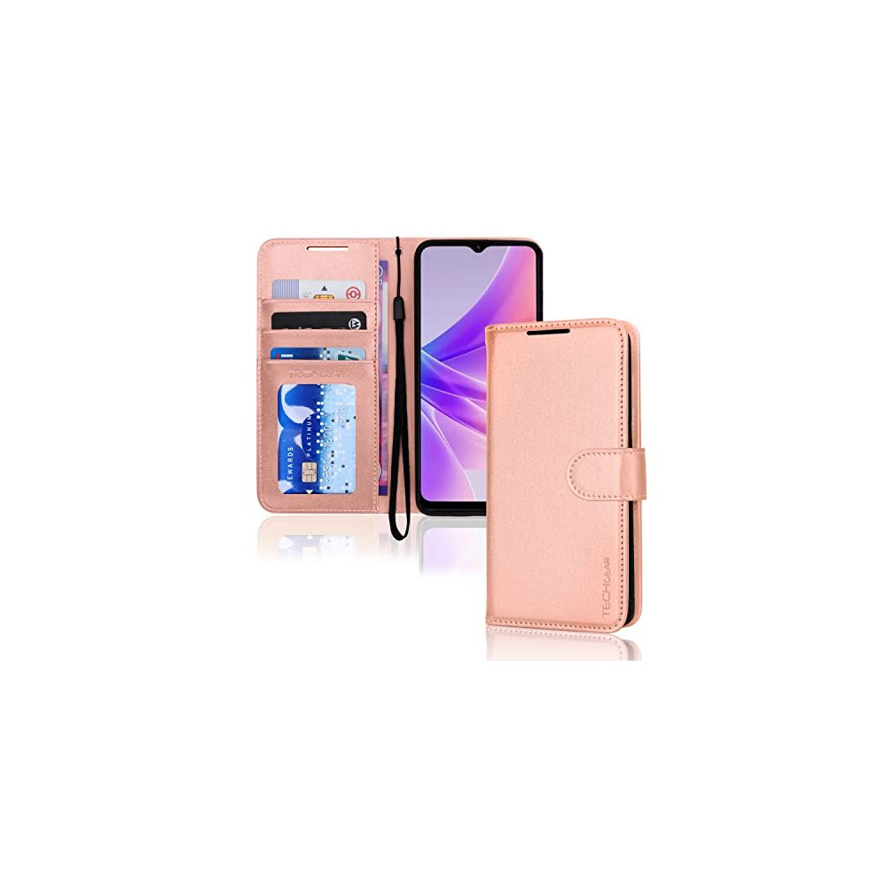 (Rose Gold) TECHGEAR Leather Wallet Case for Oppo A57e / A57s / A57 4G, Flip Protective Case Cover with Wallet Card Holder, Stand & Wrist Strap