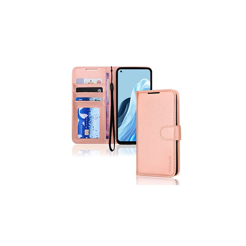 (Rose Gold) TECHGEAR PU Leather Wallet Case for Oppo Reno 8 Lite 5G, Flip Protective Case Cover with Wallet Card Holder, Stand & Wrist Strap, Magnetic