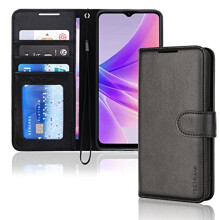(Black) TECHGEAR Leather Wallet Case for Oppo A57e / A57s / A57 4G, Flip Protective Case Cover with Wallet Card Holder, Stand & Wrist Strap