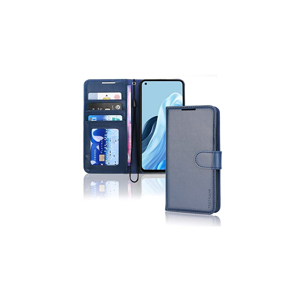 (Blue) TECHGEAR PU Leather Wallet Case for Oppo Reno 8 Lite 5G, Flip Protective Case Cover with Wallet Card Holder, Stand & Wrist Strap, Magnetic Clos