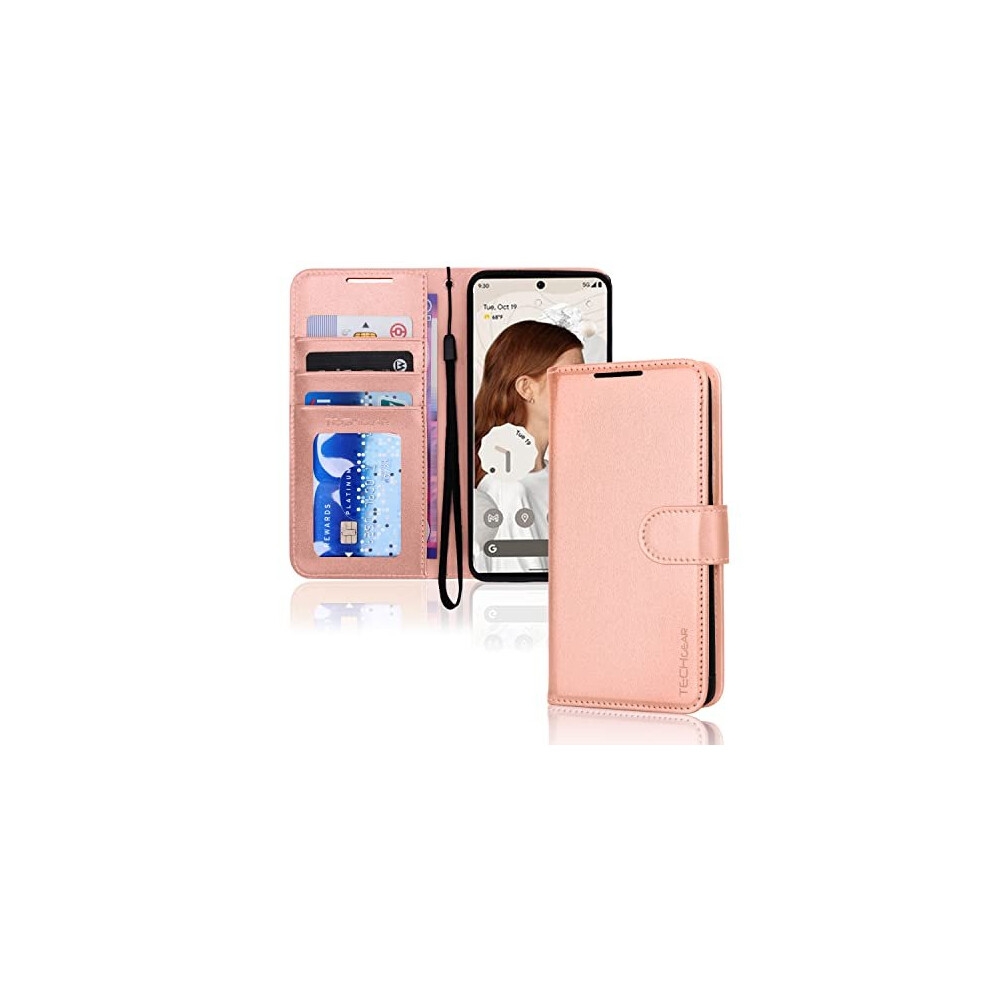 (Rose Gold) Pixel 7 pro Wallet Case, Flip Protective Cover with Card Holder, Stand and Wrist Strap - PU Leather with Magnetic Closure For Google Pixel