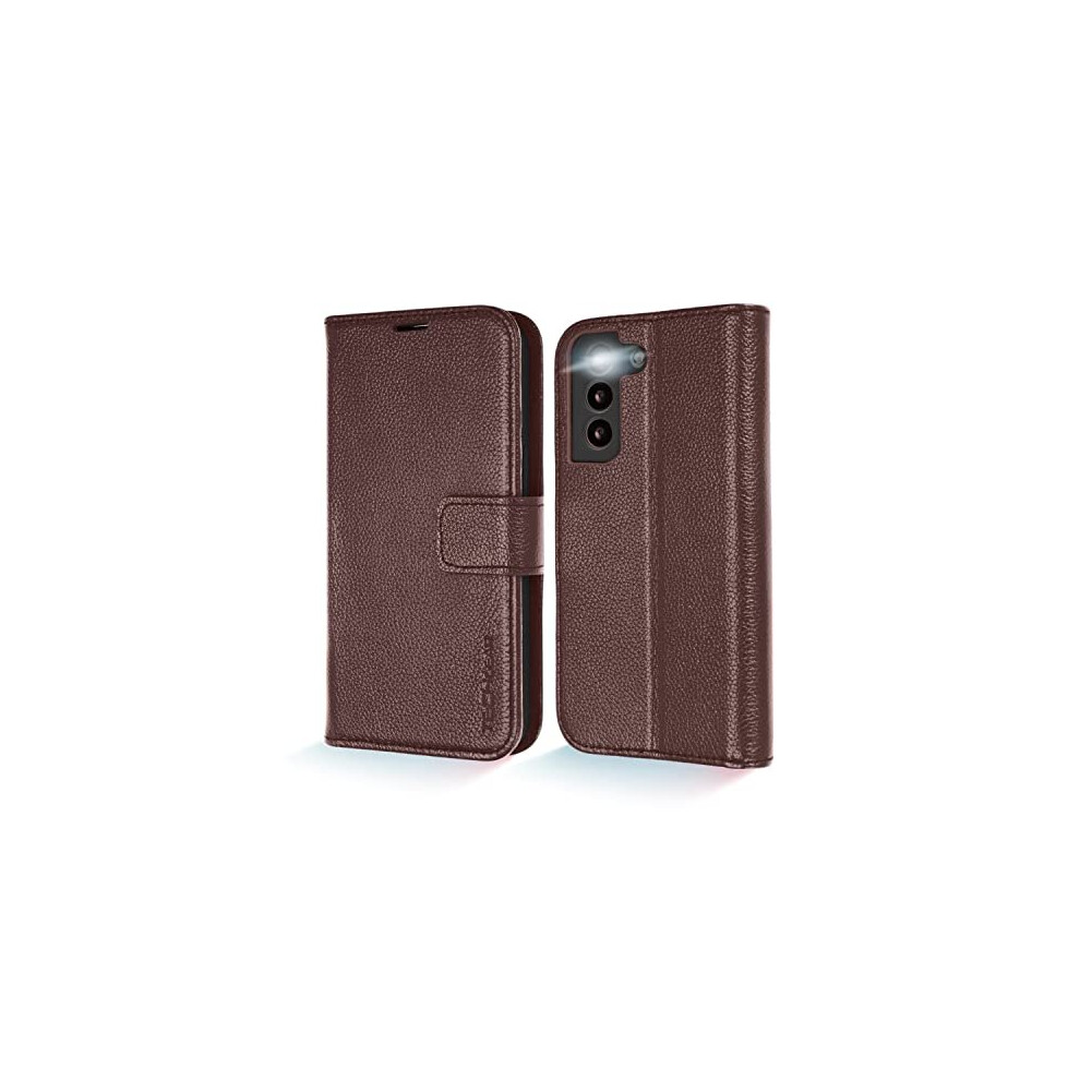 (Brown) Samsung Galaxy S22 Leather Wallet Case, Genuine Leather Magnetic Flip [RFID Blocking] Case with Shockproof TPU, Card Slots, Stand Folio Cover