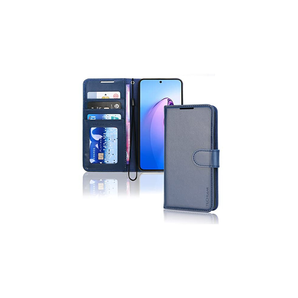 (Blue) TECHGEAR PU Leather Wallet Case for Oppo Reno 8 Pro 5G, Flip Protective Case Cover with Wallet Card Holder, Stand & Wrist Strap, Magnetic Closu