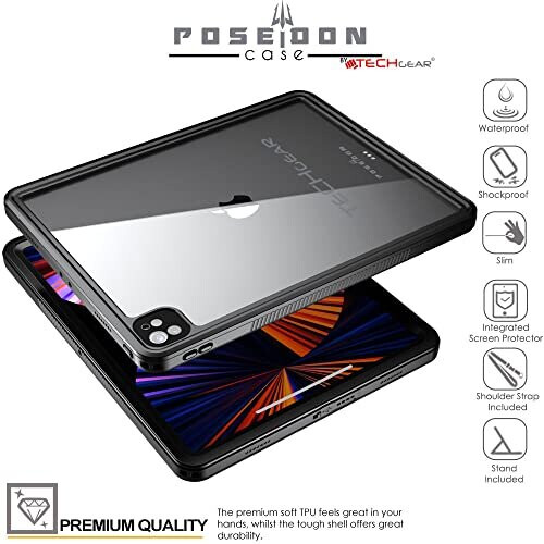 Techgear TECHGEAR Waterproof Case for iPad Pro 12.9 2021 5th Generation [Poseidon Case] Slim Shockproof Waterproof Case with Built-in Protector + Stand & Strap 2